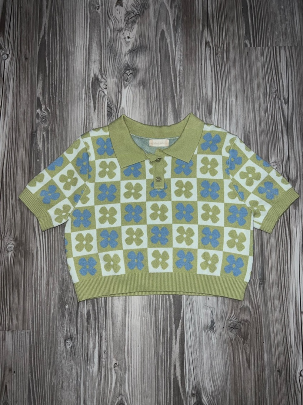 Altar'd State Green and Blue Floral Checker Knit Polo Cropped